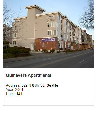 Photo of Guinevere Apartments. Address: 522 N 8th St., Seattle. Year: 2001. Units: 141. Value $25 million.