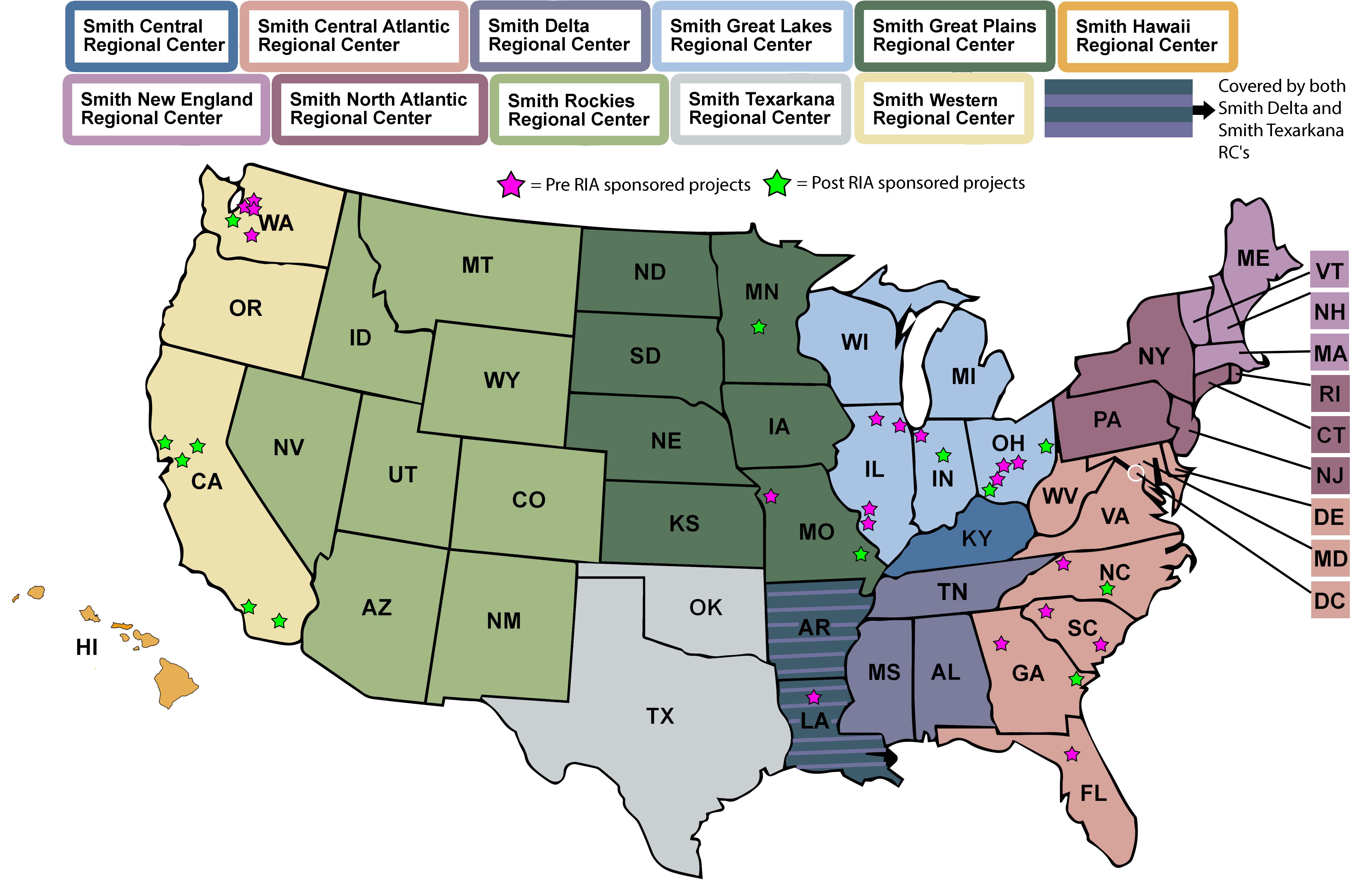 Color-coded map of EB5 Coast To Coast regional centers in 49 states.