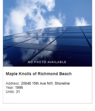 No photo available, Maple Knolls Apartments of Richmond Beach. Address: 20048 15th Ave NW, Shoreline WA. Year: 1996. Units: 31.