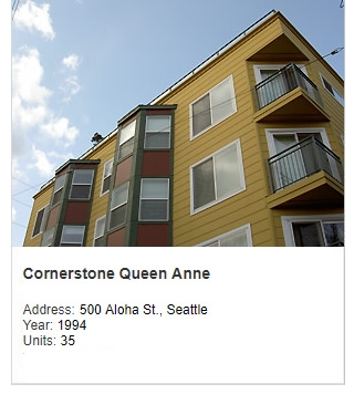 Photo of Cornerstone Queen Anne apartments. Address: 500 Aloha St., Seattle. Year: 1994. Units: 35.