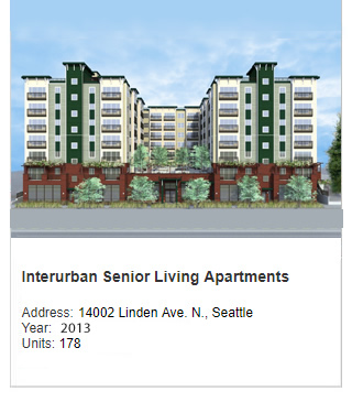 Architect rendering of Interurban Senior Living Apartments. Address: 14002 Linden Ave N, Seattle. Year: 2013. Units: 178.