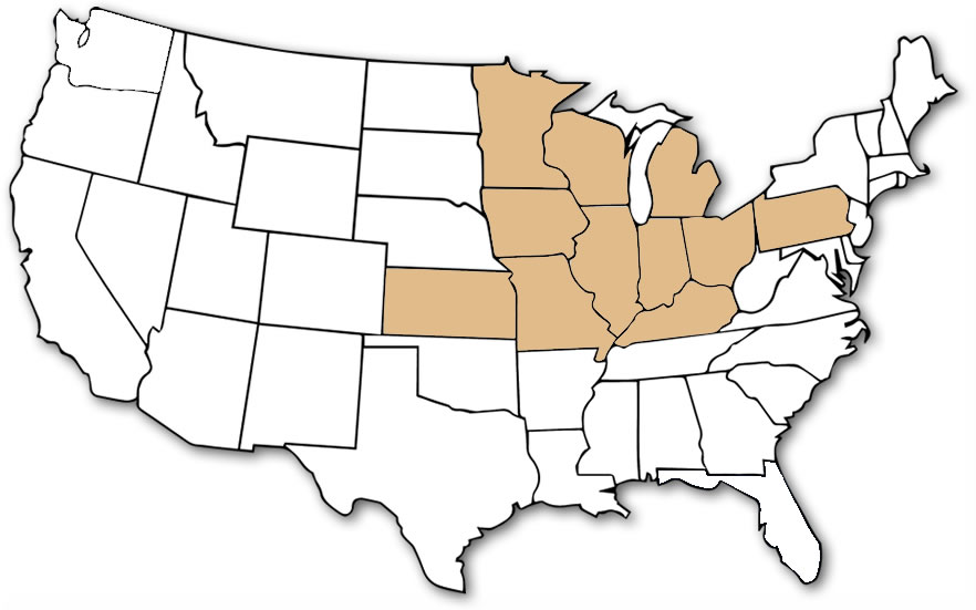 USA map with the states Illinois, Indiana, Kansas, Kentucky, Michigan, Missouri, Ohio, Pennsylvania, and Wisconsin highlighted