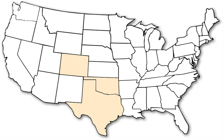 USA map with the states Colorado, Texas, and Oklahoma highlighted