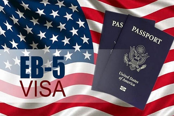 U.S. flag with the word EB-5 and two passports.