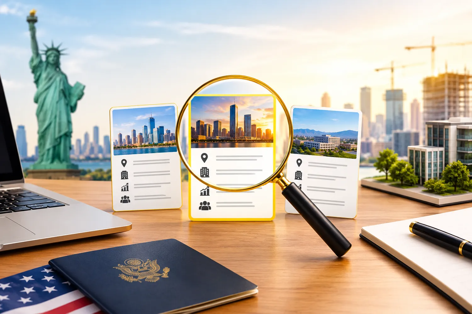 Comparing EB-5 regional center project cards under a magnifying glass, with a U.S. passport, the Statue of Liberty and new construction in the background